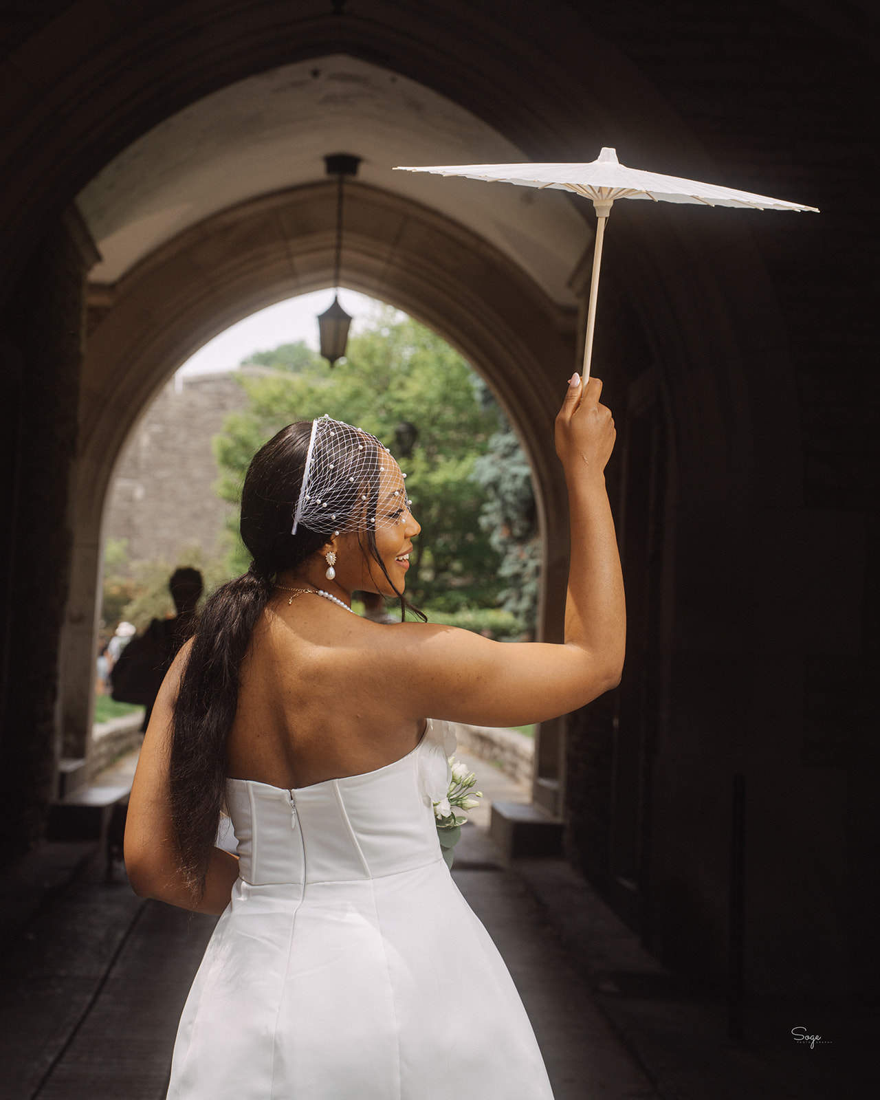 Modern minimalist wedding photography of bride at Toronto civic centre